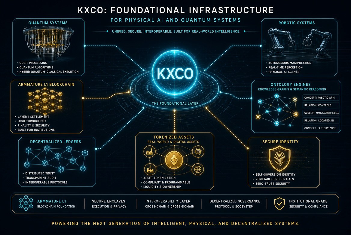 KXCO as the foundational infrastructure layer connecting quantum systems, robotic Physical AI agents, Armature L1, ontology engines, tokenized assets and secure identity