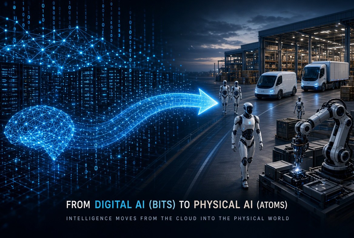 The migration from digital AI running on bits in data centres to Physical AI acting on atoms in the real world