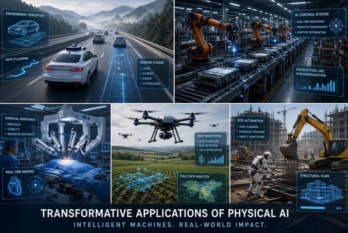 Physical AI applications across mobility, lights-out manufacturing, surgical robotics, precision agriculture and construction