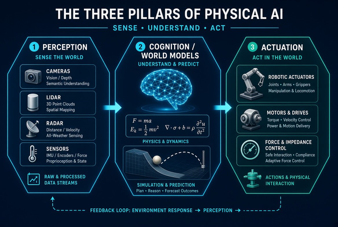 The three pillars of Physical AI: perception, cognition and world models, and actuation, closed by continuous environmental feedback