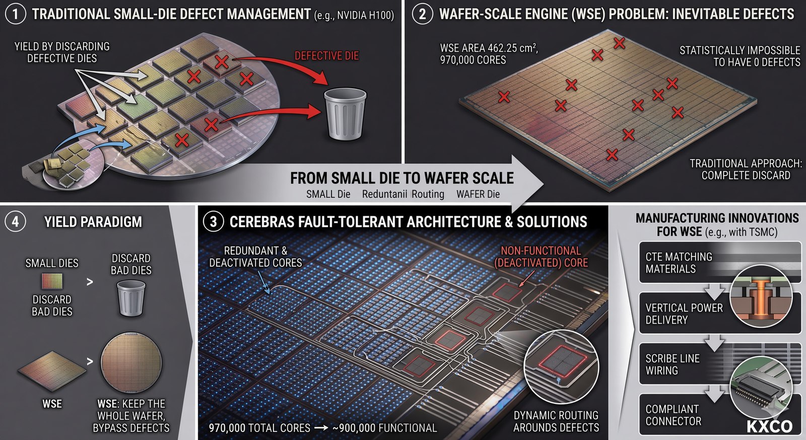 Diagram contrasting traditional die-discard yield management with wafer-scale redundant core mapping and dynamic routing around defects
