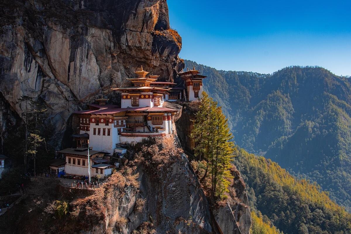 Paro Taktsang, the Tiger's Nest Monastery, on a cliffside amid Himalayan forests in Bhutan