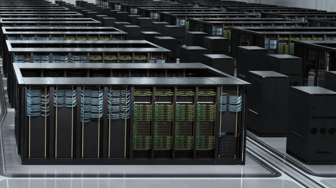 Rows of high-density GPU cluster racks in a data hall