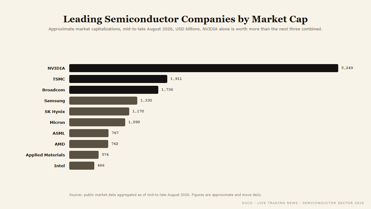 Leading semiconductor companies by approximate market capitalization, August 2026, USD billions