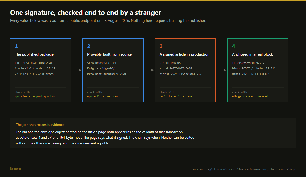 The verification chain from published package to anchored block, with the command that checks each step