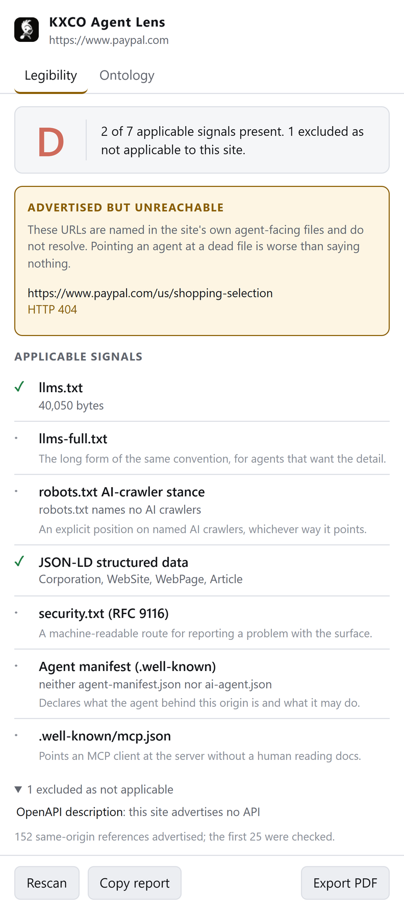 Agent Lens grading paypal.com at D, with a panel naming an advertised URL that returns 404