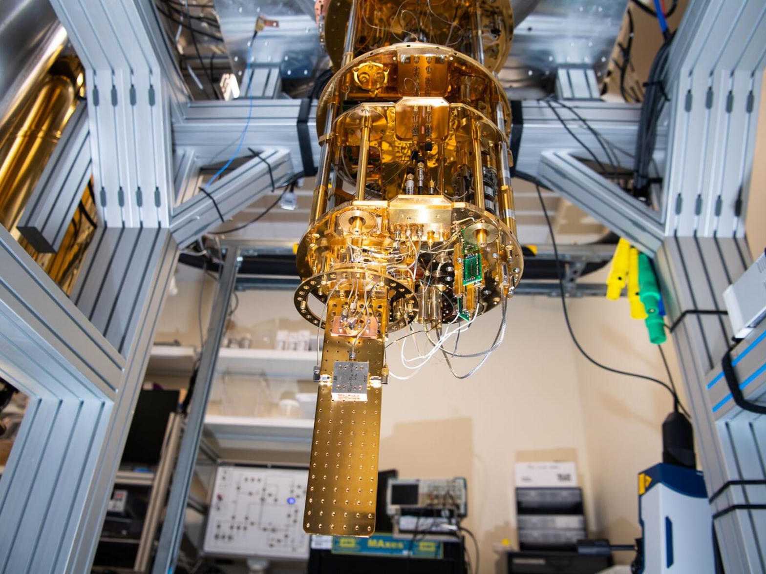 A dilution refrigerator stack in a working quantum computing laboratory