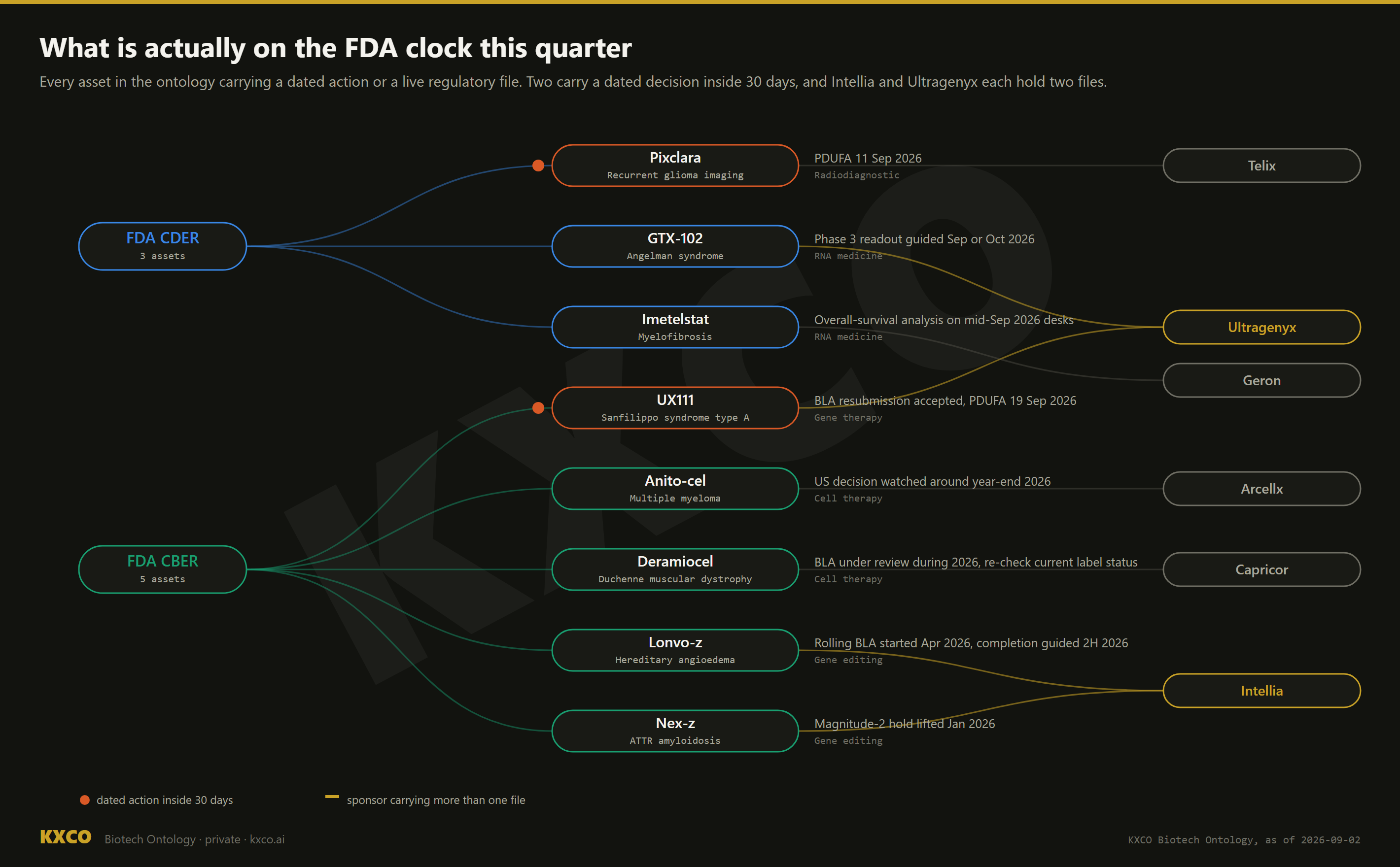 KXCO Biotech Ontology: assets on the FDA clock, split between CDER and CBER, with Ultragenyx and Intellia each carrying two files