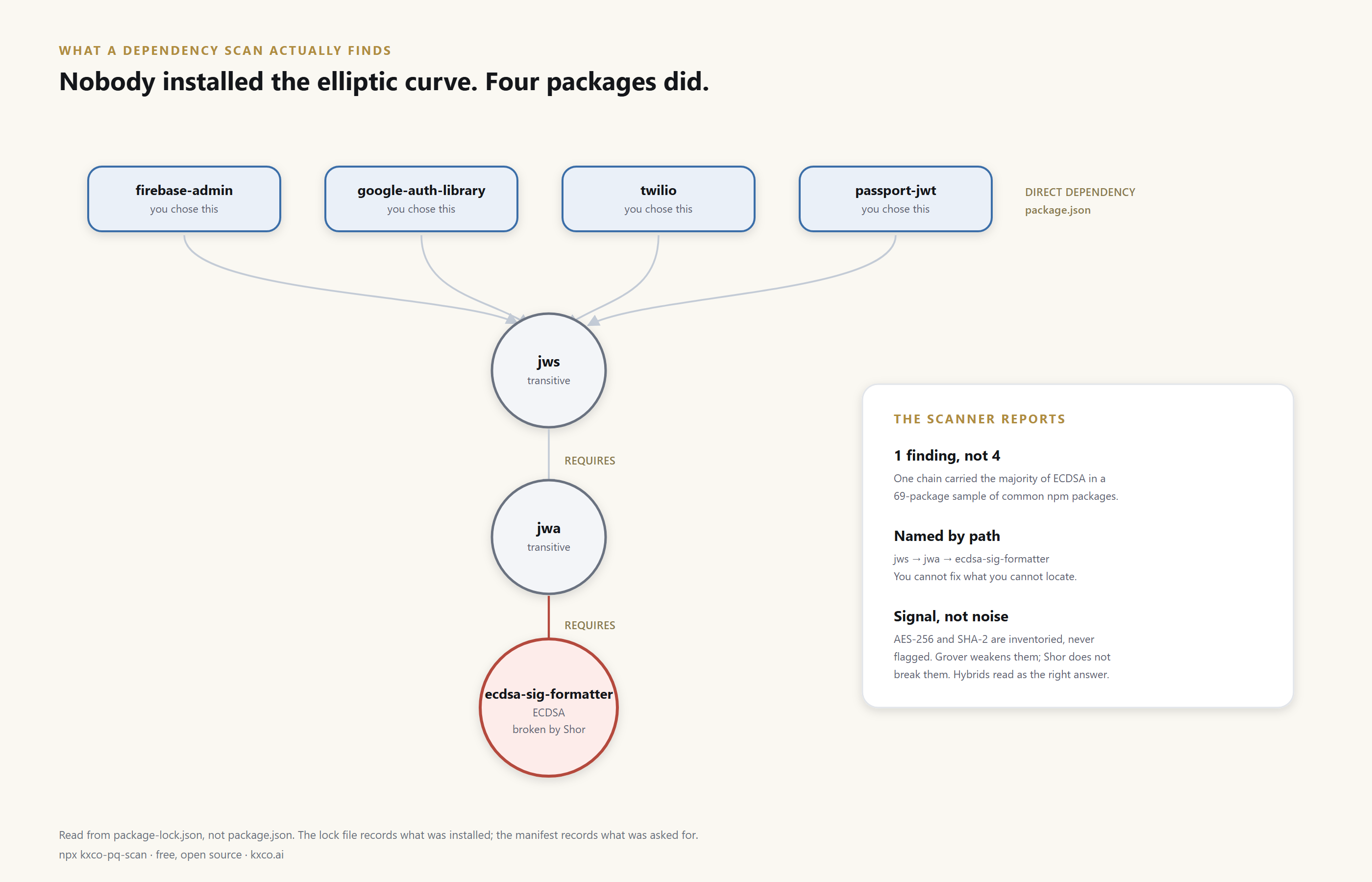 Graph showing firebase-admin, google-auth-library, twilio and passport-jwt all depending on jws, which requires jwa, which requires ecdsa-sig-formatter, the package that actually carries the elliptic curve cryptography