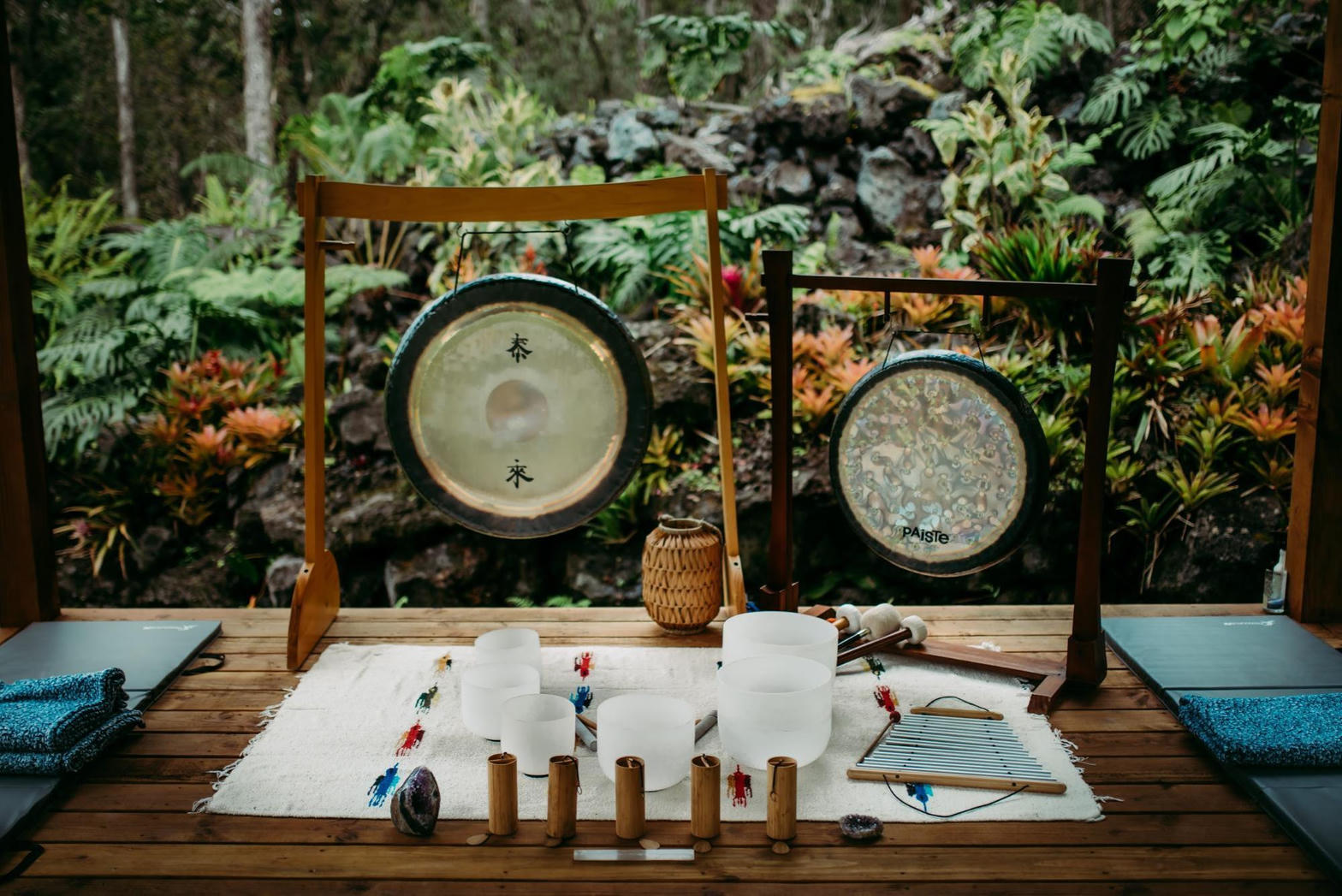 Gongs and singing bowls arranged on a deck in a quiet forest canopy