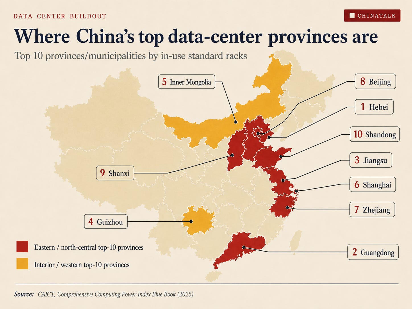 Map of China ranking the top ten provinces and municipalities by in-use standard data-centre racks, with eastern and north-central provinces in dark red and interior western provinces in orange.