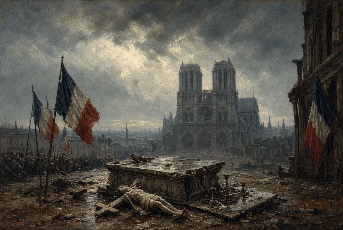 Illustration: Paris under the new order, tricolour flags over a toppled altar and a broken crucifix in front of Notre-Dame.