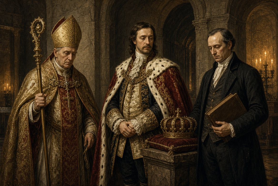 Illustration: a bishop, a king and a statesman standing together, Church, crown and government.