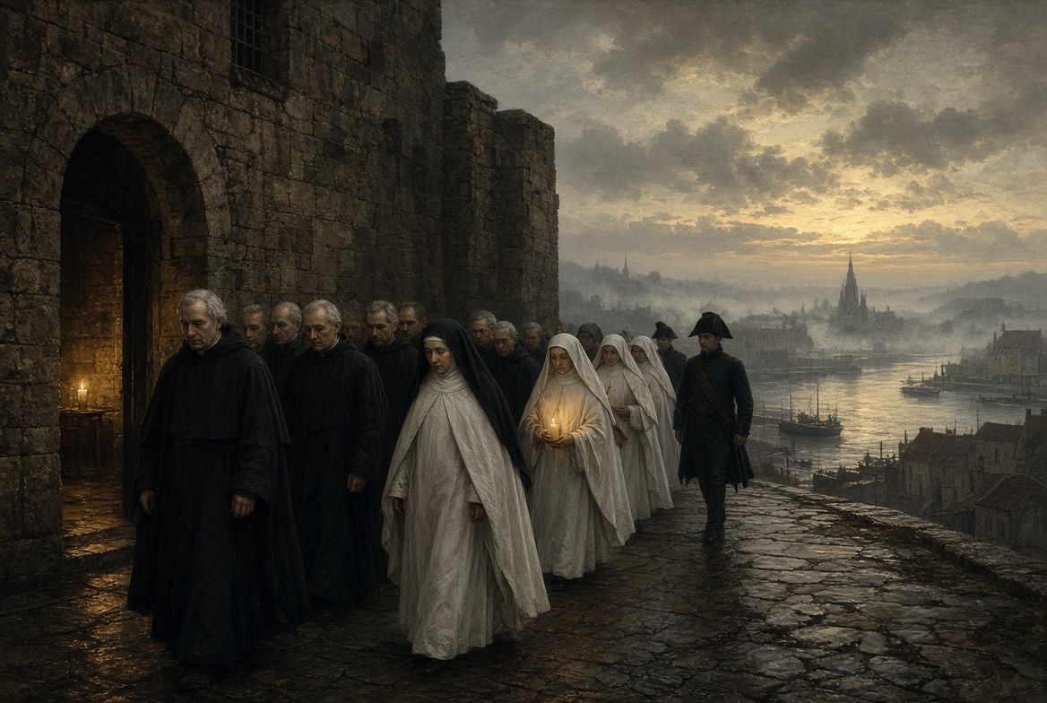 Illustration: refractory priests and nuns led under guard along a quay at dusk.