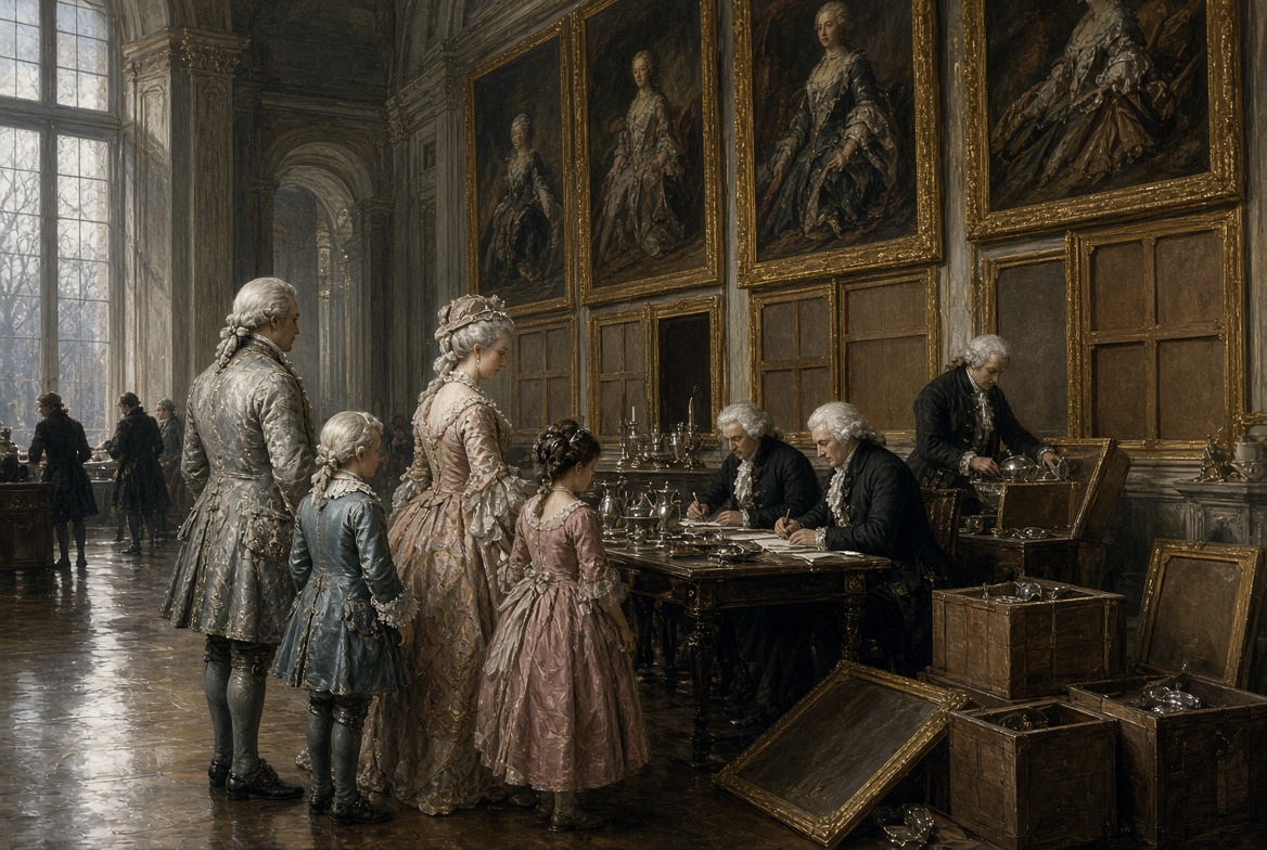 Illustration: a noble family watches officials inventory their silver and their portraits.