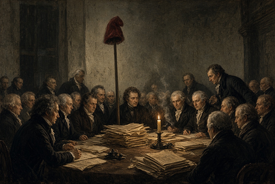 Illustration: revolutionary committee men round a candlelit table of papers under a red cap of liberty.