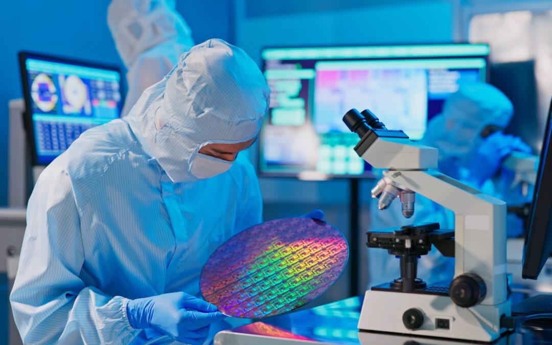 A patterned wafer in a cleanroom. The rainbow is thin-film interference, not dye. Each rectangle is a die that will be cut, tested and packaged.