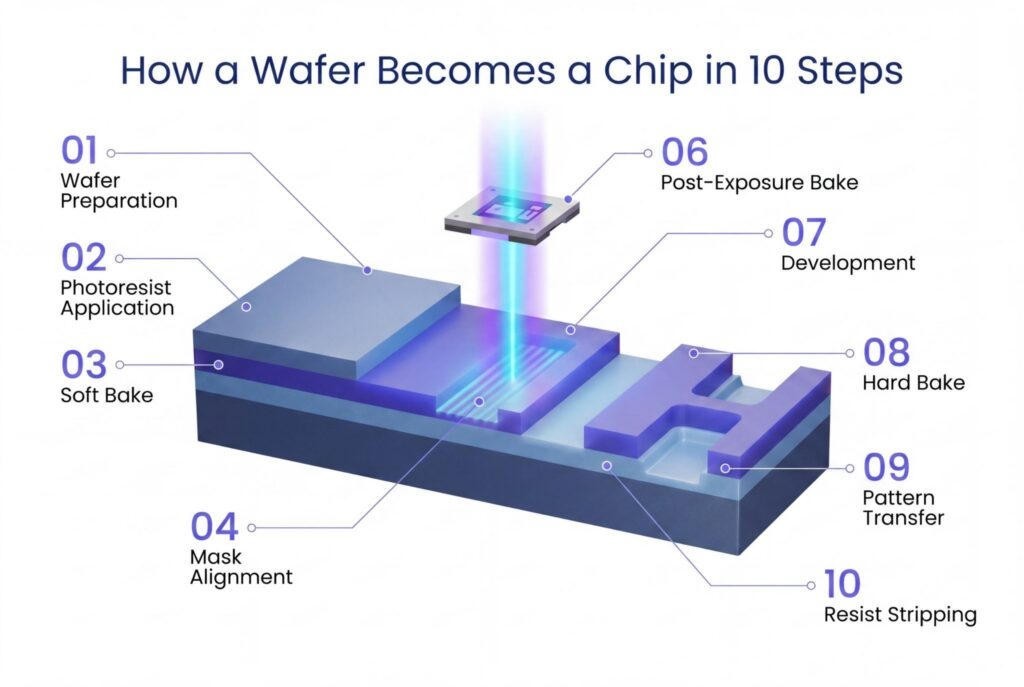 The lithography loop, simplified. A leading-edge wafer repeats it for dozens of layers. EUV replaces the exposing light on the critical layers, not etch, deposition or polish.