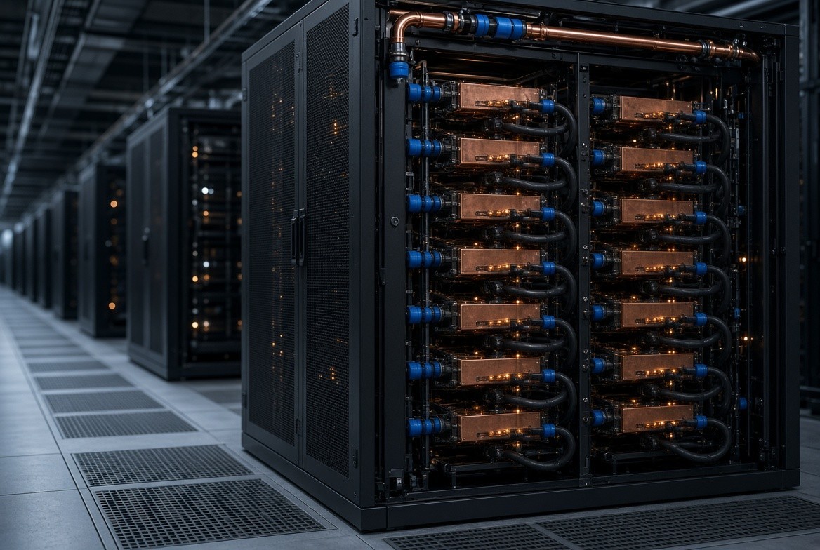 Illustration of a liquid-cooled accelerator rack. In NVL72-class systems the rack is wired so tightly that software can treat its 72 GPUs as one domain.