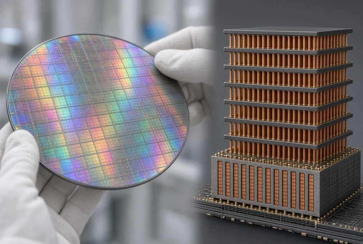 Illustration. Left, a patterned 300 mm wafer. Right, a model of the idea behind HBM: DRAM dies stacked and tied with vertical copper vias. Real stacks are millimetres tall.