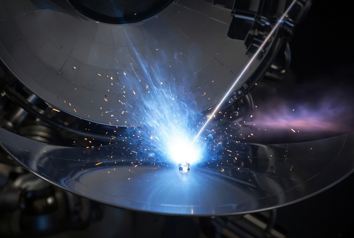 Illustration of the light source. A tin droplet about 25 micrometres across is hit by a CO2 laser and becomes a plasma that emits 13.5 nm light. The glow is the artist's: EUV is invisible.