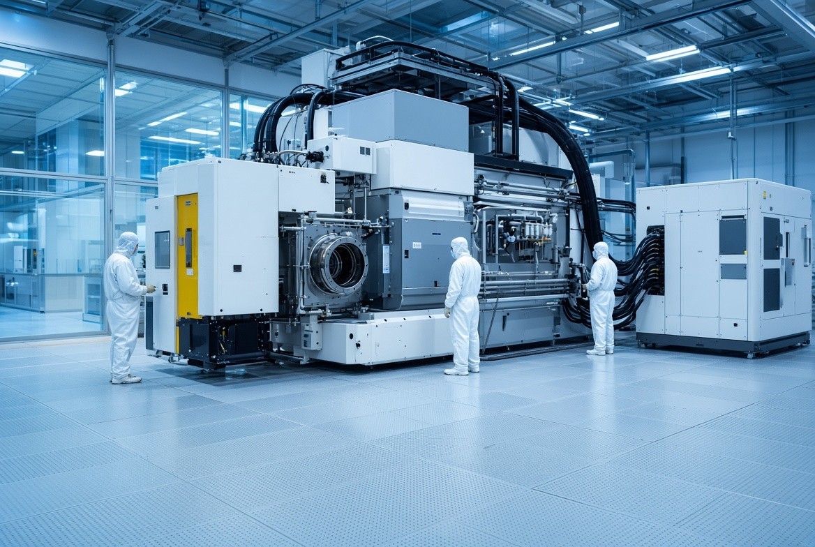 Illustration, not an ASML photograph. A current EUV scanner is bus-sized, vacuum-sealed and useless without a separate laser hall. Technicians in cleanroom dress give the scale.