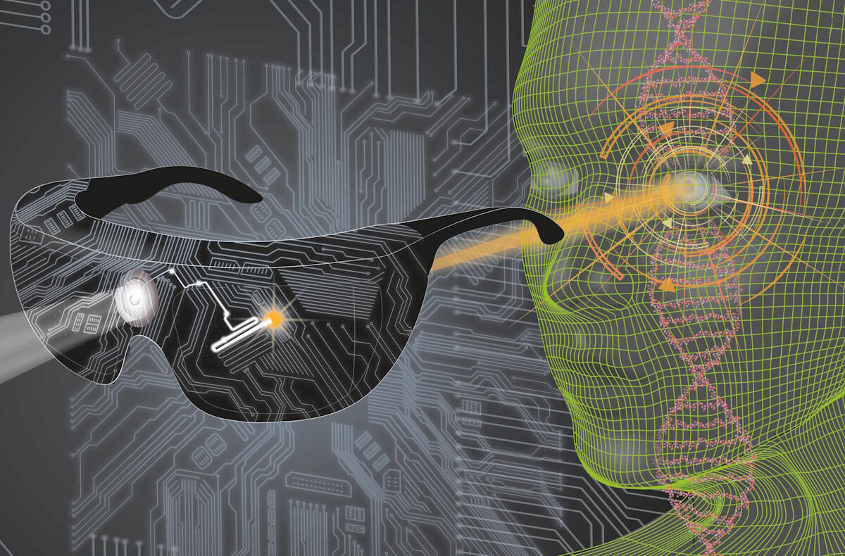 Conceptual rendering of light-stimulating goggles projecting a beam into the eye of a wireframe head