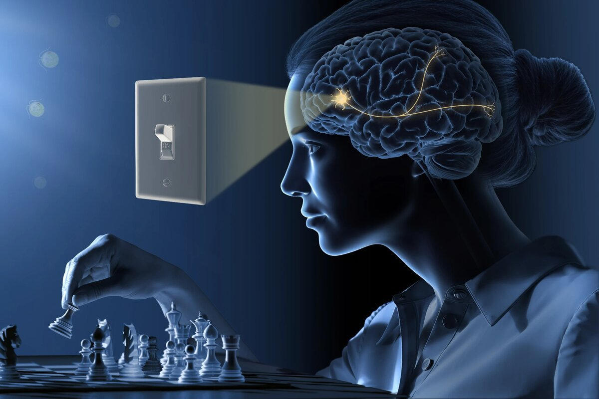Conceptual illustration of a woman at a chessboard with a wall light switch projecting light onto a lit neural circuit in her brain