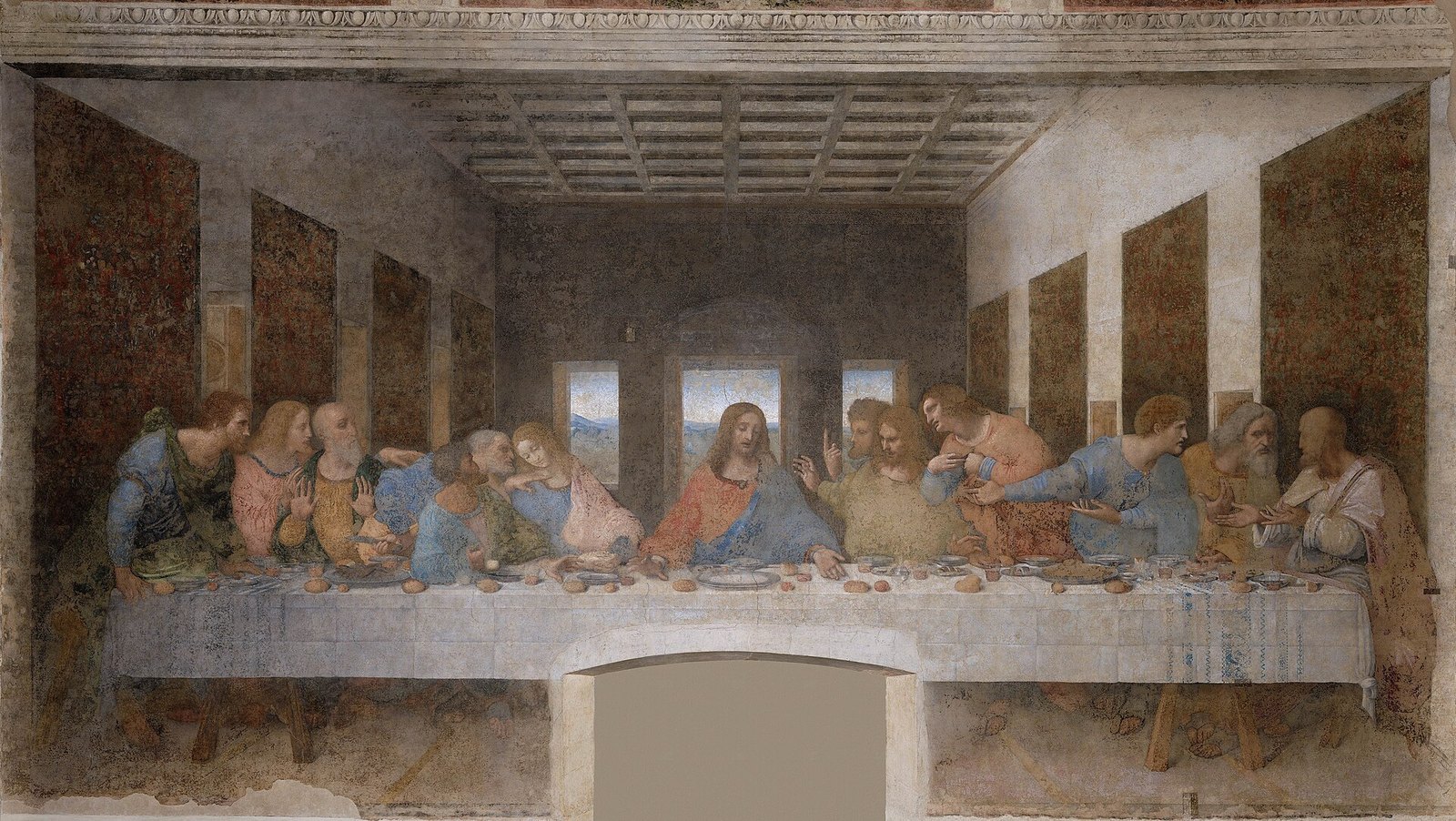 Leonardo da Vinci, The Last Supper, 1495 to 1498, refectory wall of Santa Maria delle Grazie, Milan: Christ at the centre, the twelve apostles in four groups of three along one side of the table