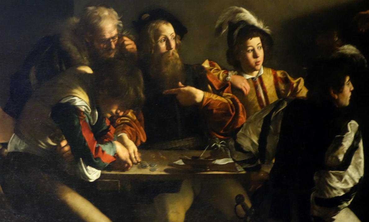 Caravaggio, The Calling of Saint Matthew, 1599 to 1600: men in contemporary dress at a table counting coins, lit from the upper right, Christ's pointing hand at the edge
