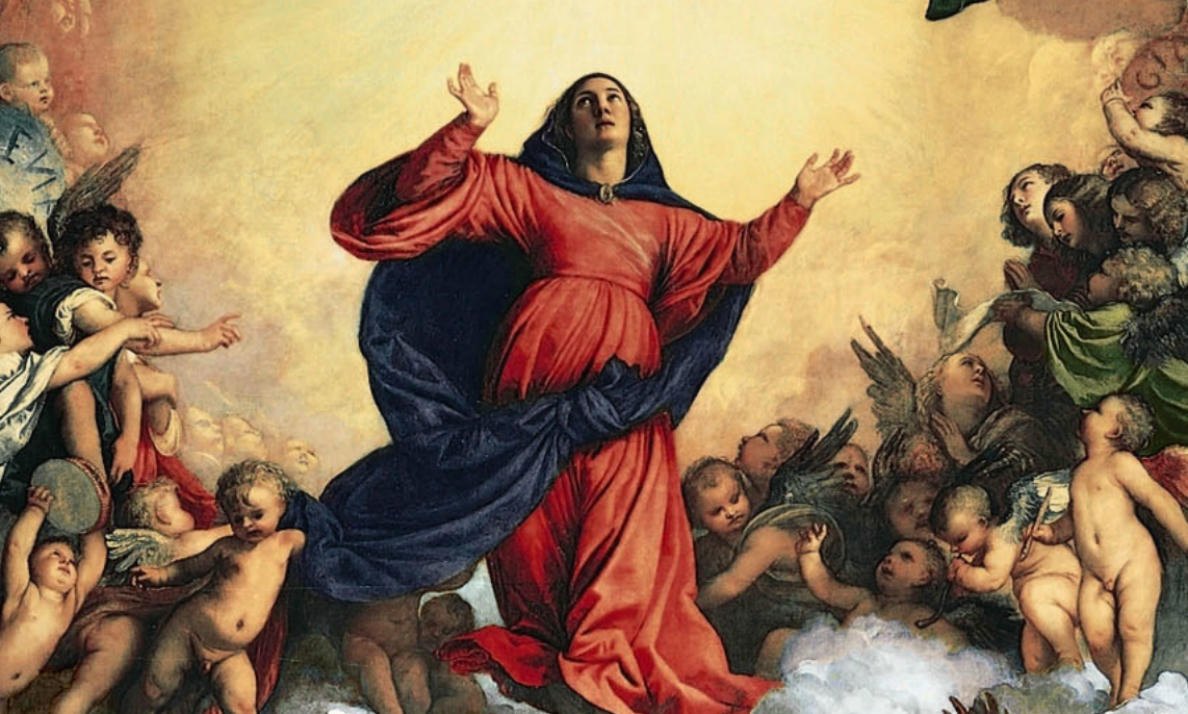 Titian, Assumption of the Virgin, 1516 to 1518: the Virgin in red and blue rising on a cloud among putti, arms raised, against a golden light