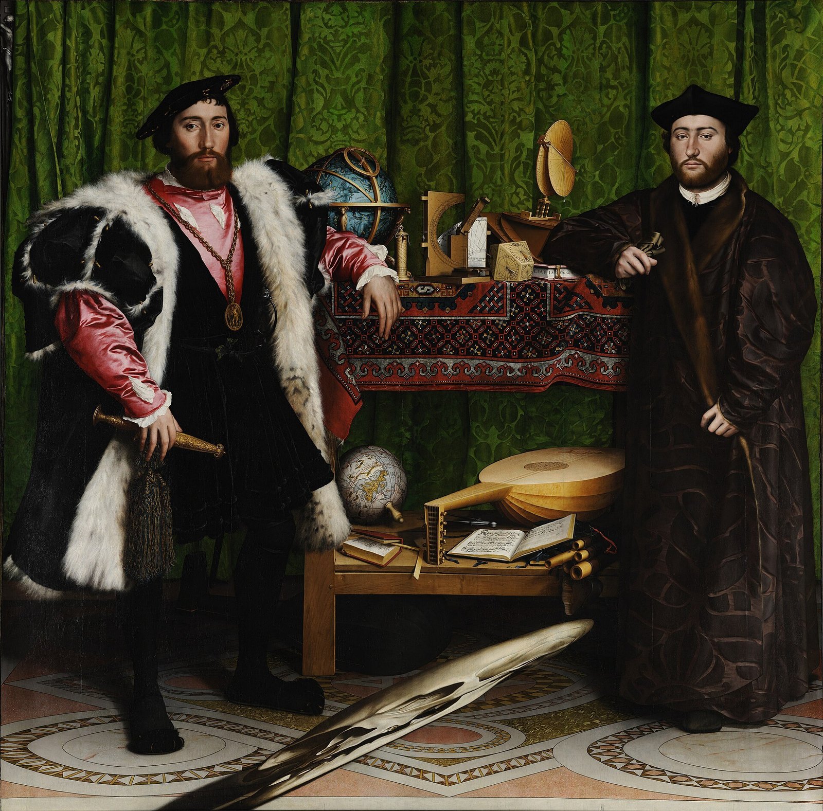 Hans Holbein the Younger, The Ambassadors, 1533: Dinteville and de Selve either side of a table of instruments, a globe, a lute and a hymnal, an anamorphic skull across the floor