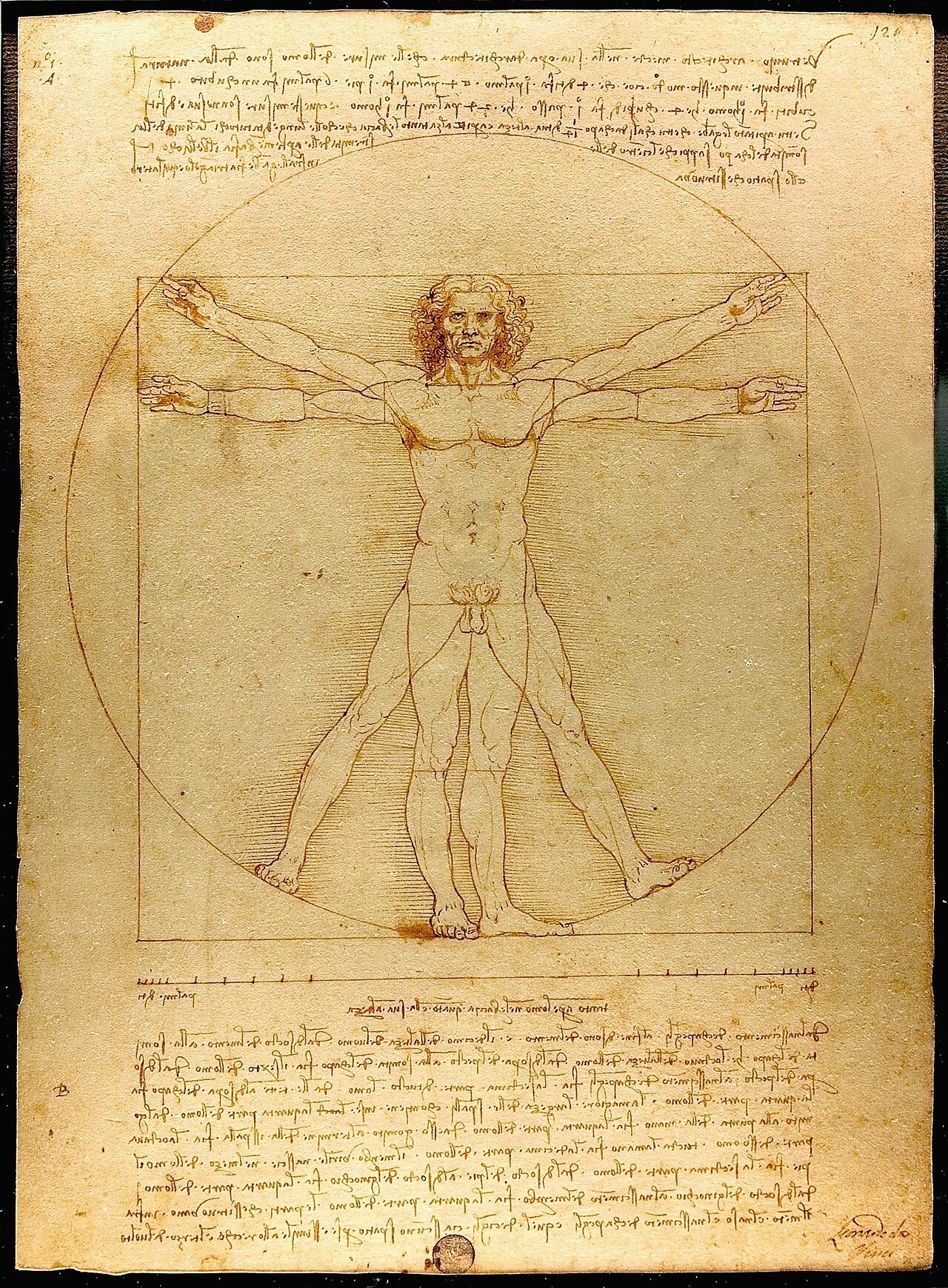 Leonardo da Vinci, Vitruvian Man, about 1490, pen and ink on paper: a male figure in two superimposed positions inscribed in a circle and a square, with Leonardo's mirror-written notes above and below
