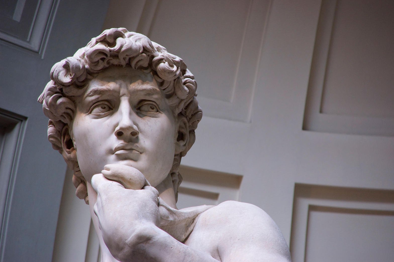 Michelangelo, David, 1501 to 1504, marble: the head and left hand in close detail, the gaze fixed to the left, the brow tense