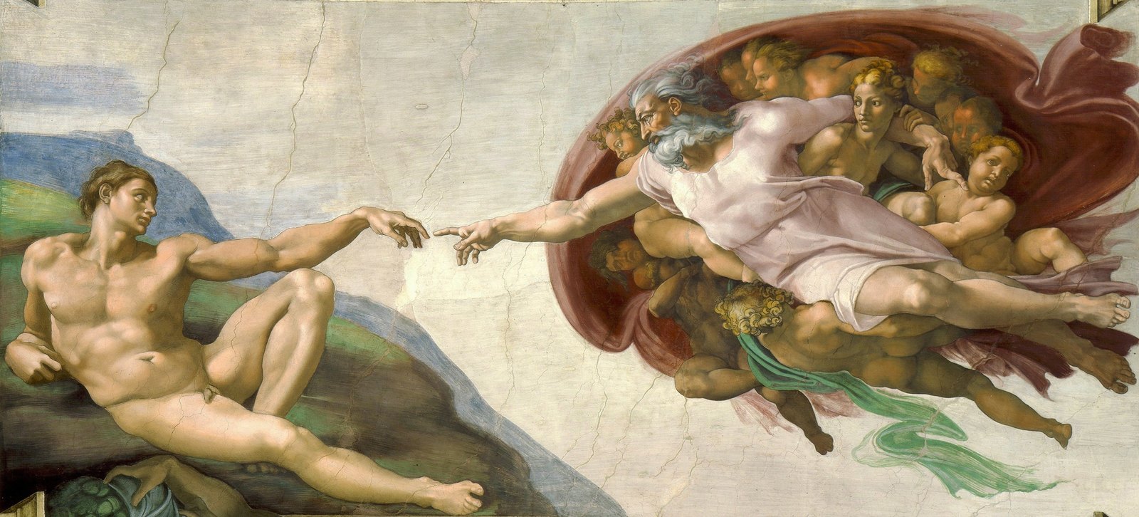 Michelangelo, The Creation of Adam, 1508 to 1512, Sistine Chapel ceiling: Adam reclining at left, God borne by figures in a red mantle at right, their fingers almost touching
