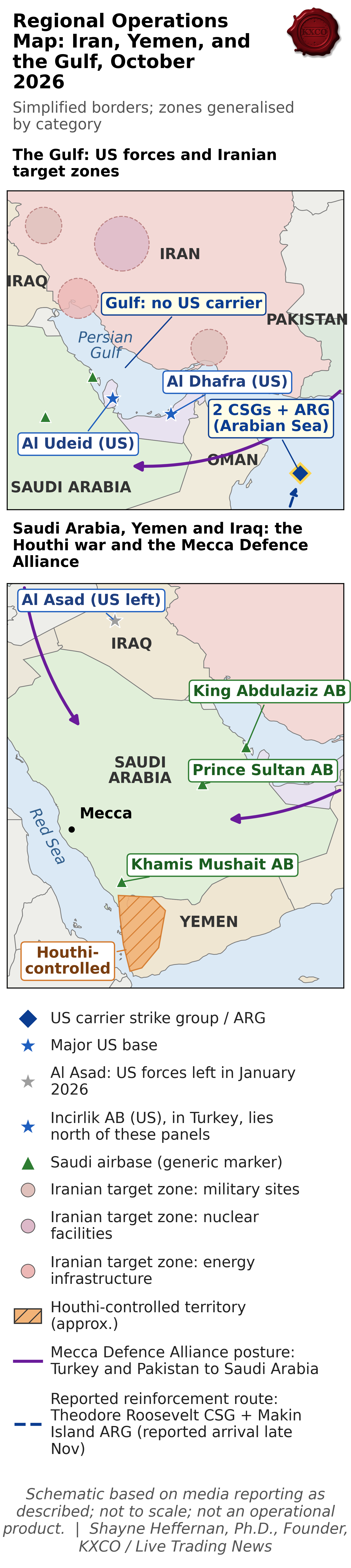Shayne Heffernan's graphic: the regional operations map of Iran, Yemen and the Gulf, October 2026, in two panels, corrected to the sources above
