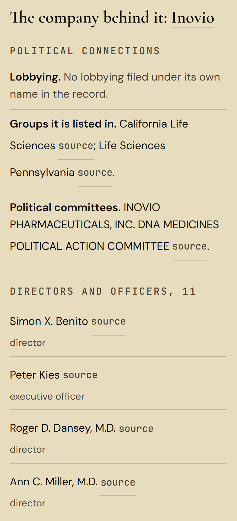 Exhibit 6: Inovio on its evidence sheet, on a phone: its political action committee, the groups it is listed in, no lobbying under its own name, and its directors and officers, each sourced.