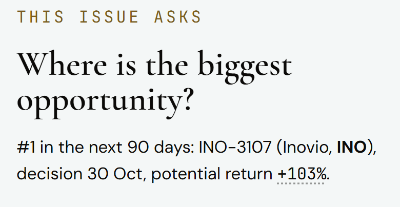 Exhibit 1: the first screen of kxco.ai/fda on a phone, asking where the biggest opportunity is. Its answer: #1 in the next 90 days, INO-3107, decision 30 October, potential return +103%.